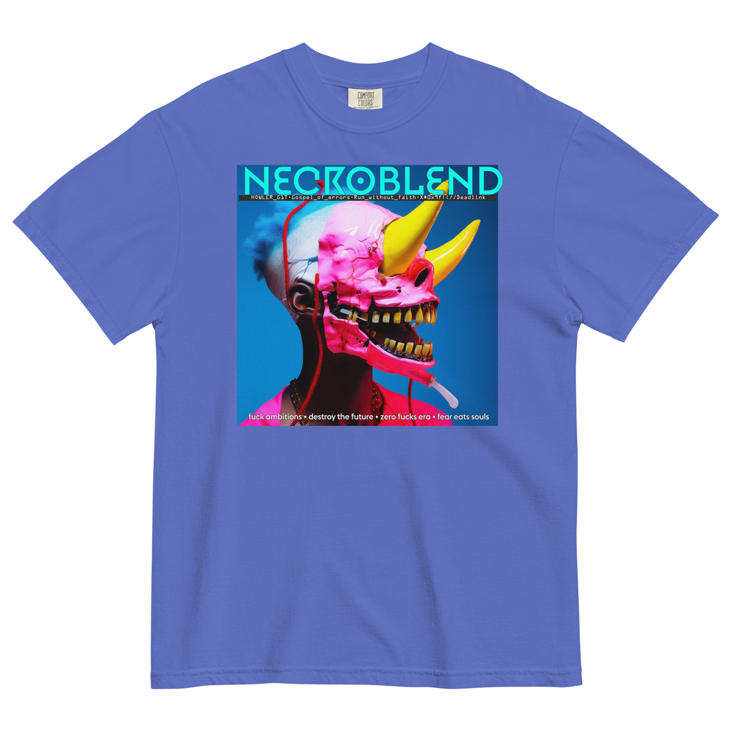Heavyweight unisex auditory halo tee by NECROBLEND — hoWL3r_b1t from Fallen Angels, front view in blue.