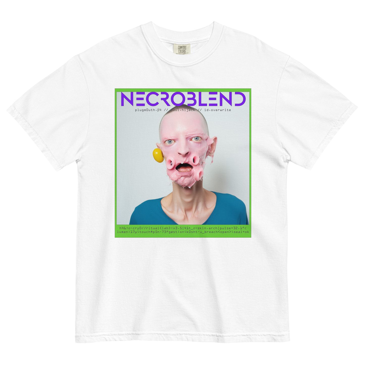 Creepy faceprint shirt by NECROBLEND — PLUGMOUTH from Synthetic Prophets, front view in white.