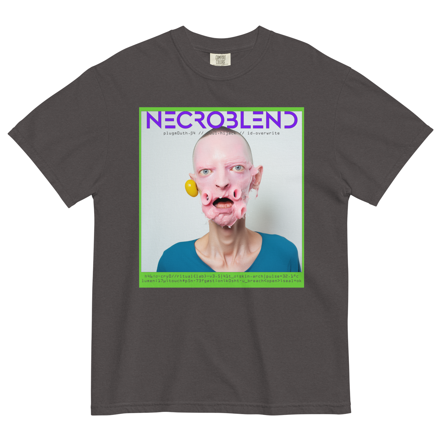 Dark vision T-shirt by NECROBLEND — PLUGMOUTH from Synthetic Prophets, front view in graphite.