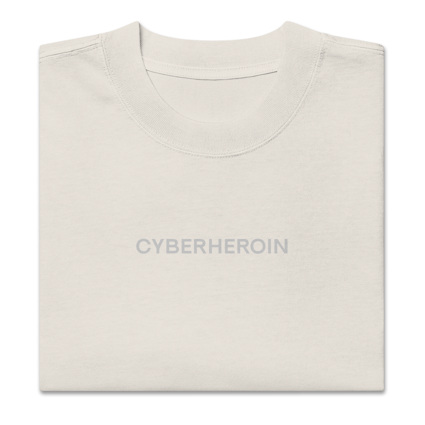Folded view of NECROBLEND’s oversized unisex T-shirt — formula-x from The Unspoken capsule in faded bone. A piece of speculative apparel referencing digital symptoms.
