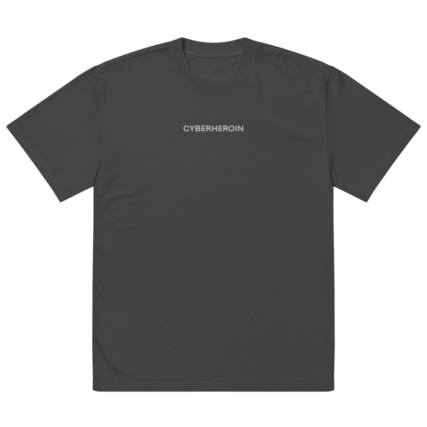 Oversized unisex T-shirt by NECROBLEND — formula-x model from The Unspoken capsule, front view in graphite. Displays a censored phrase linked to digital dependency.