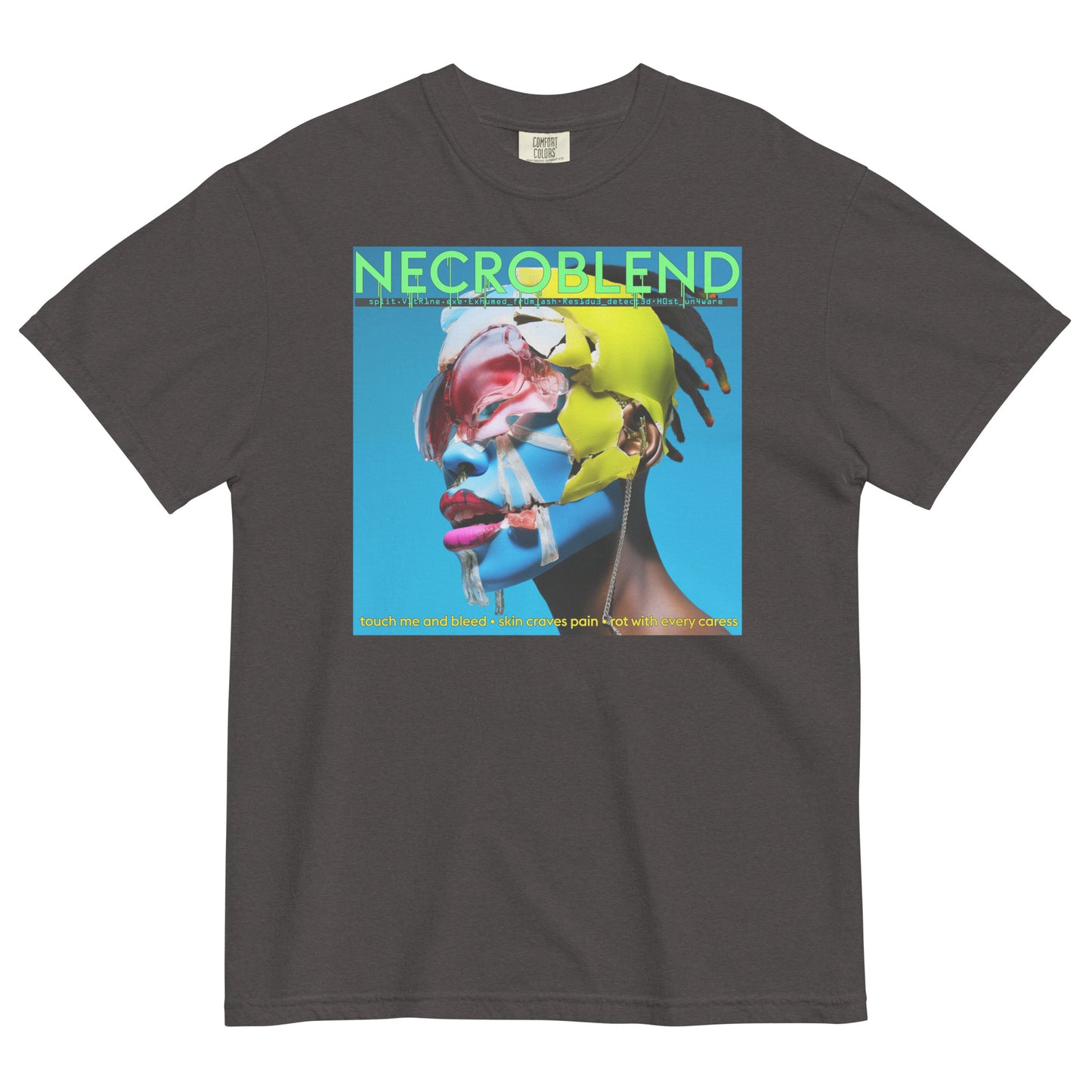 Heavyweight unisex divine infection tee by NECROBLEND — split.vt1R1ne.exe from Fallen Angels, front view in coal.