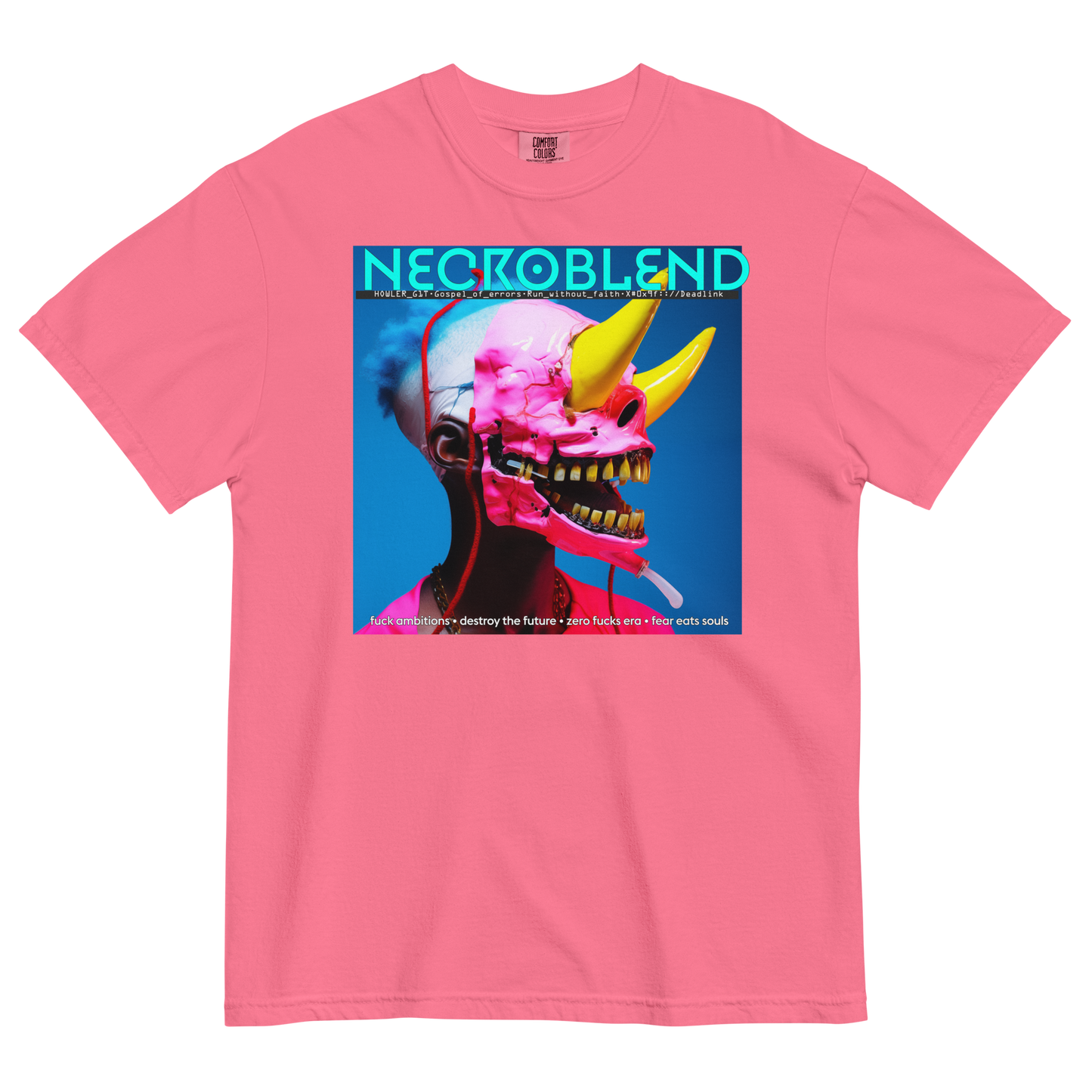 Heavyweight unisex echo angel shirt by NECROBLEND — hoWL3r_b1t from Fallen Angels, front view in pink.