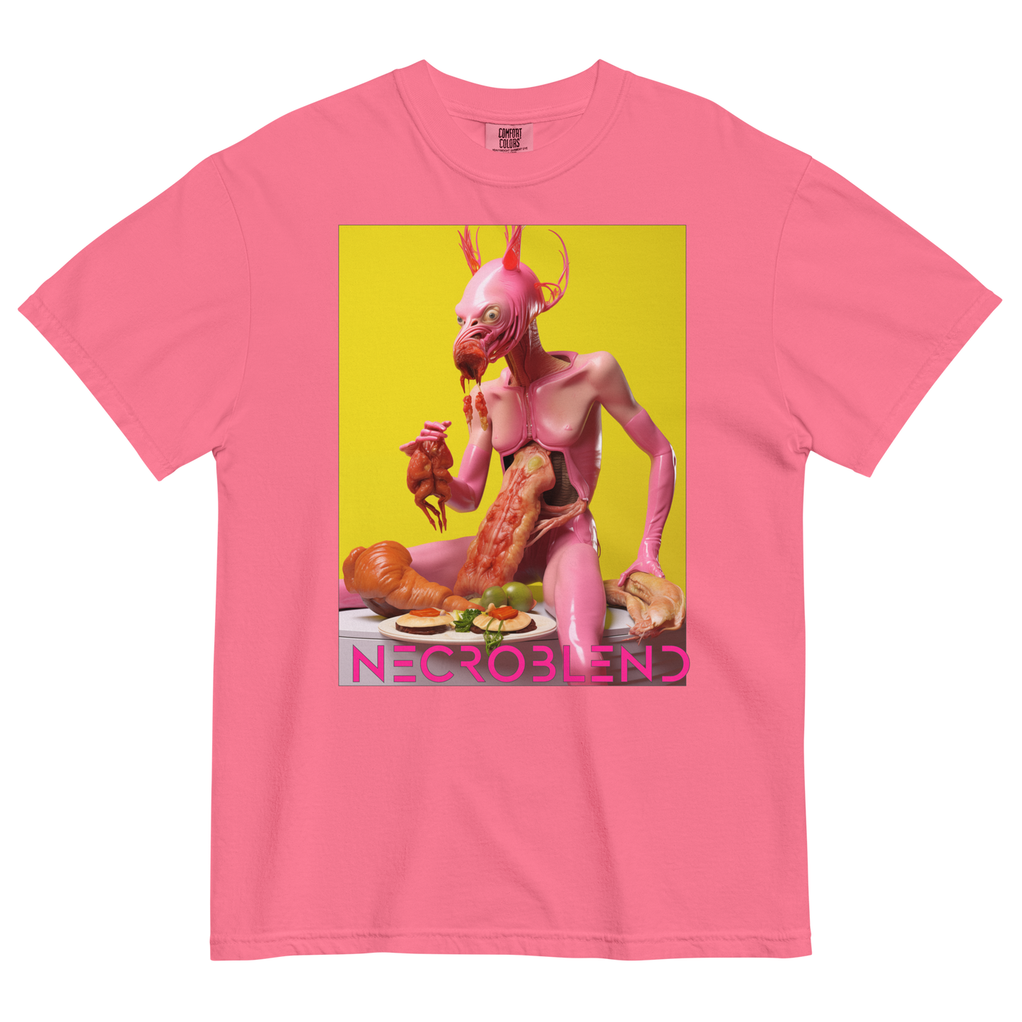Heavyweight unisex edible horror tee by NECROBLEND — LOVULVORE BELPHAGH from The Culinary Sacrament, front view in pink.