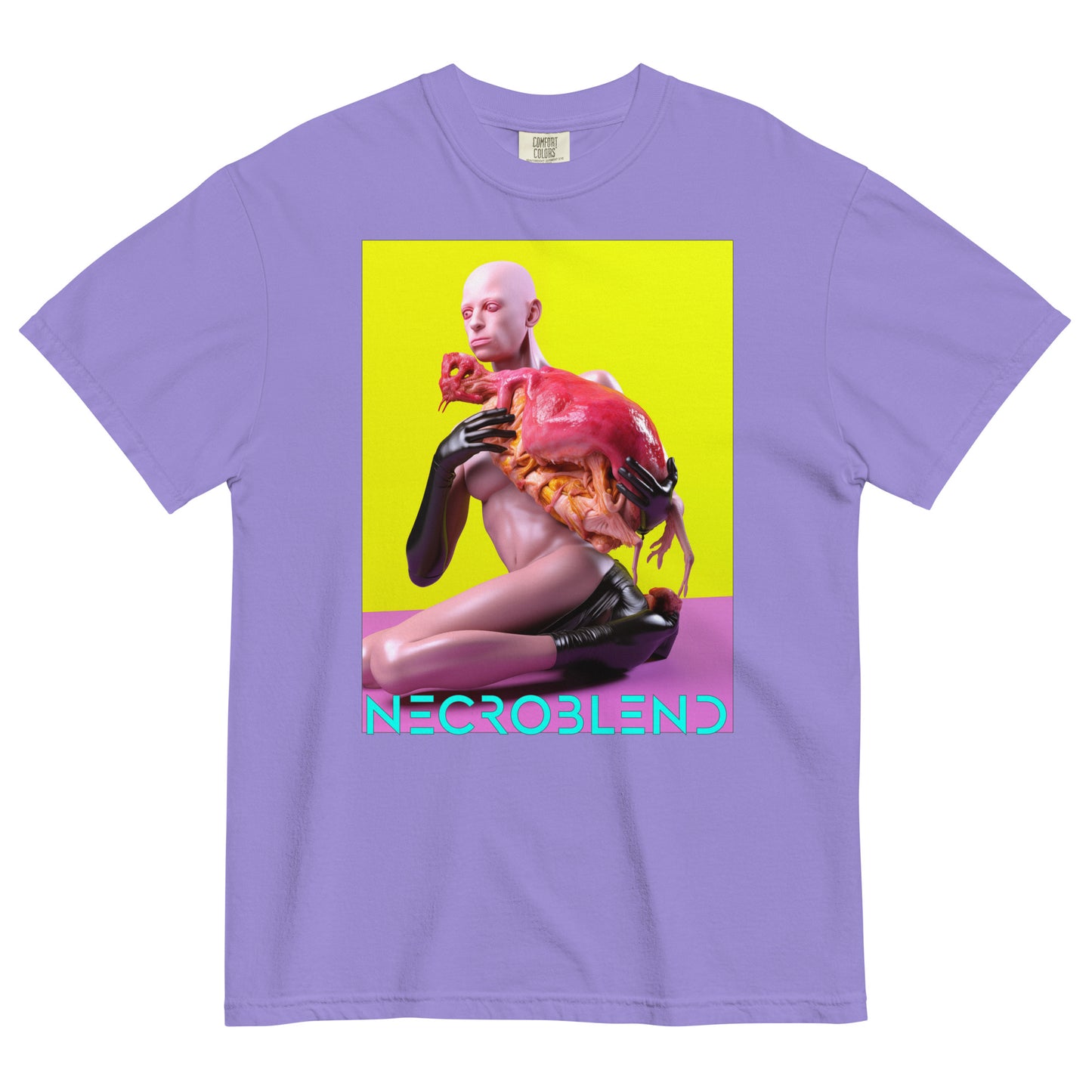 Heavyweight unisex edible ritual shirt by NECROBLEND — OXELT CRURROPHAGH from The Culinary Sacrament, front view in purple.