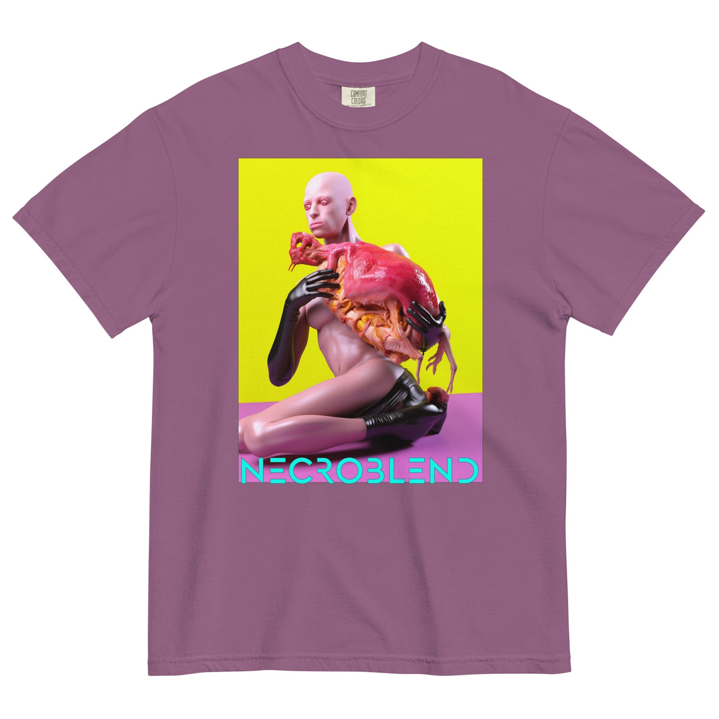 Heavyweight unisex food horror tee by NECROBLEND — OXELT CRURROPHAGH from The Culinary Sacrament, front view in plum.