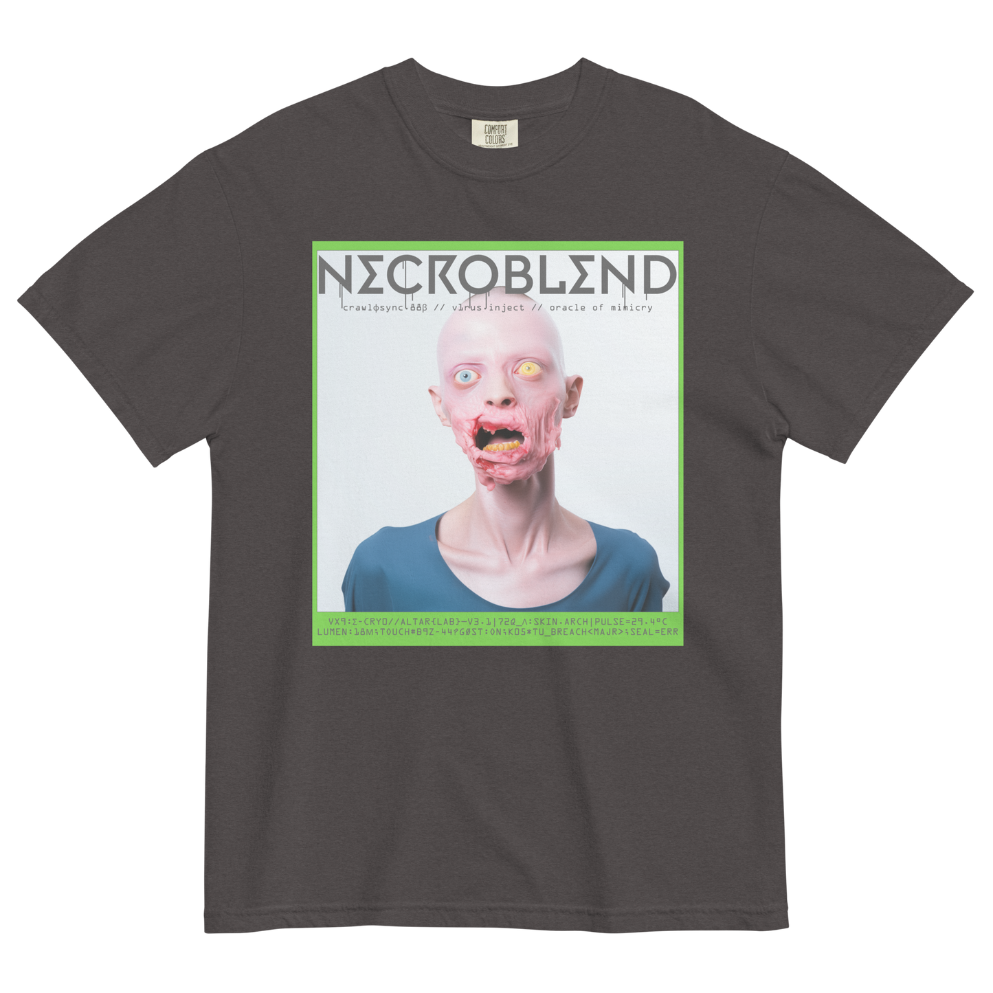 Identity horror T-shirt by NECROBLEND — CRAWLΦSYNC from Synthetic Prophets, front view in grey