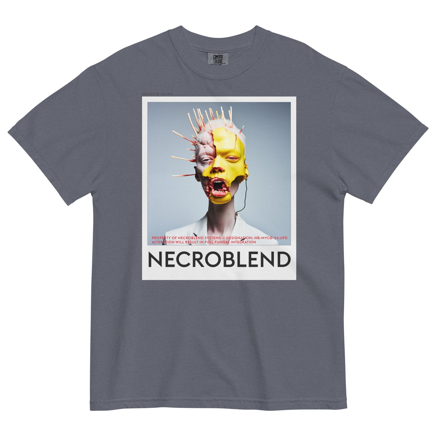 Heavyweight unisex infectious prayer tee by NECROBLEND — NB-MYCØ-54.UPD from Bio Prayers, front view in dark gray.