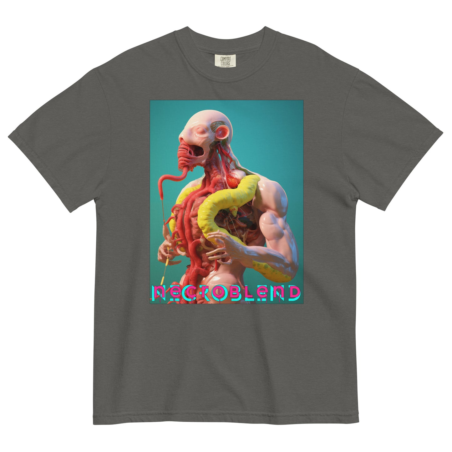 Heavyweight unisex meat idol tee by NECROBLEND — VIRETH CARNOMORPHAGH from The Culinary Sacrament, front view in graphite.