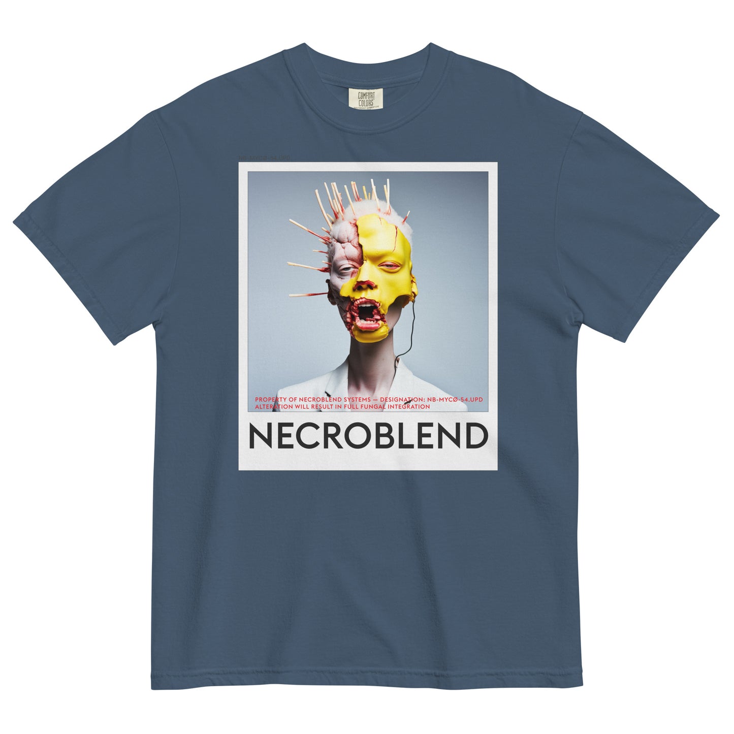 Heavyweight unisex mutant prayer tee by NECROBLEND — NB-MYCØ-54.UPD from Bio Prayers, front view in indigo.