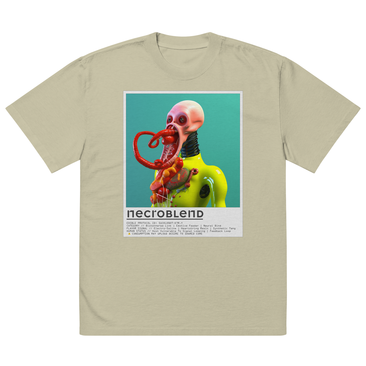 Oversized art shirt by NECROBLEND — SUCKLKNOT from Kitchen Mutants, front view in eucalyptus