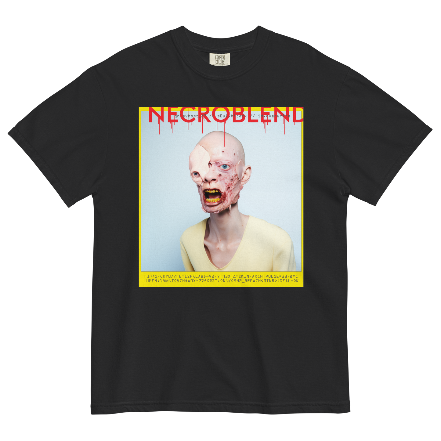 Heavyweight unisex sorrow horror tee by NECROBLEND — GR1EVHOST from Synthetic Prophets, front view in black.