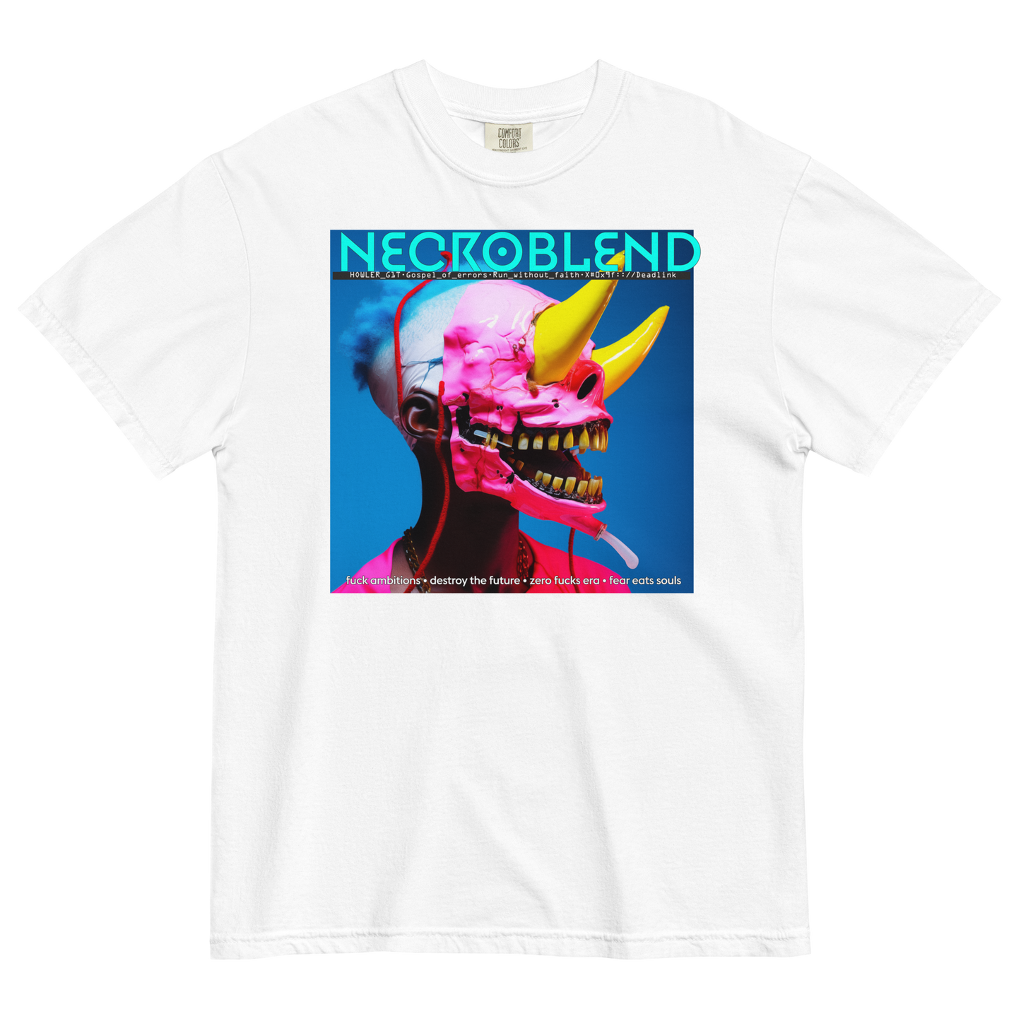Heavyweight unisex spectral signal tee by NECROBLEND — hoWL3r_b1t from Fallen Angels, front view in white.