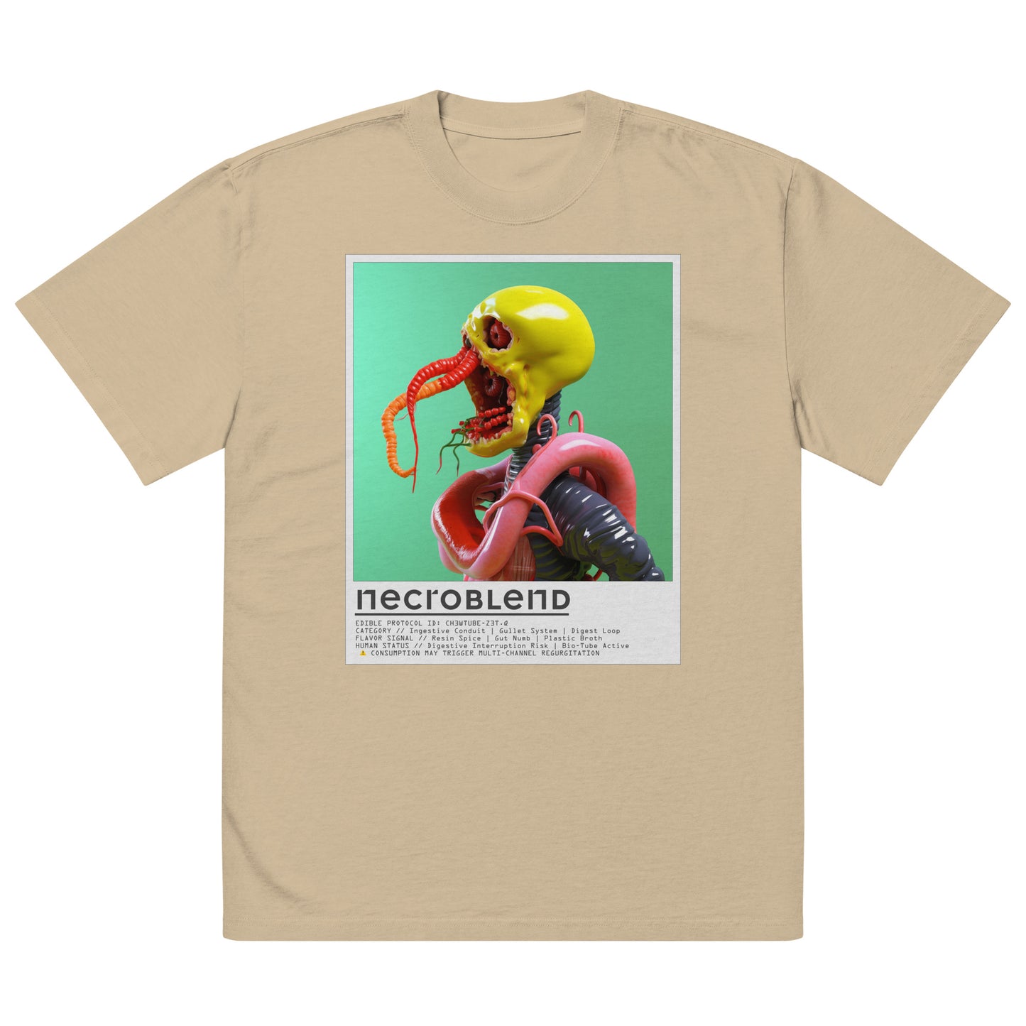 Synthetic mutant tee by NECROBLEND — CH3WTUBE from Kitchen Mutants, front view in sand