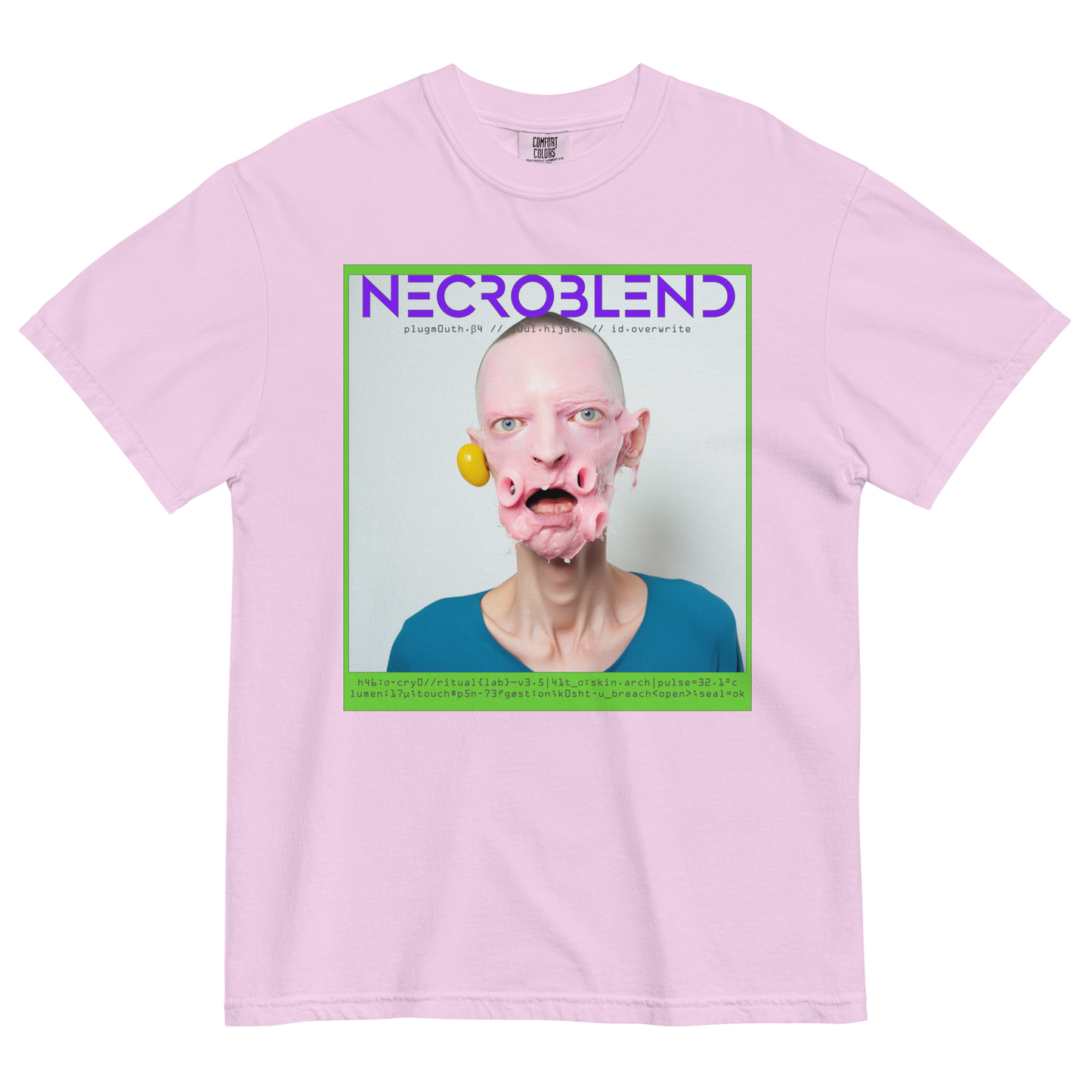 Weirdcore prophet tee by NECROBLEND — PLUGMOUTH from Synthetic Prophets, front view in pink.