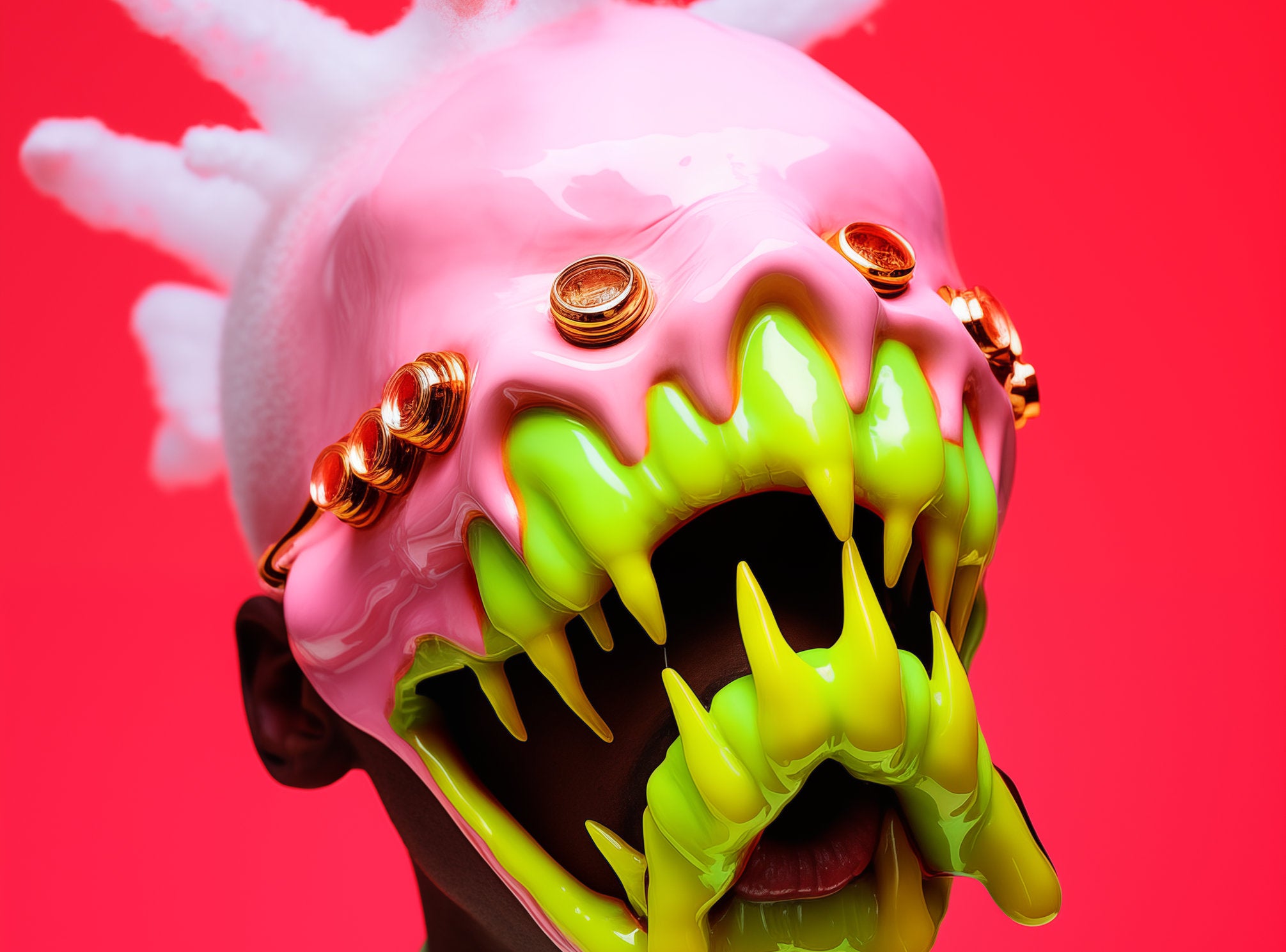 Freakish creature with pink and green features on a red background