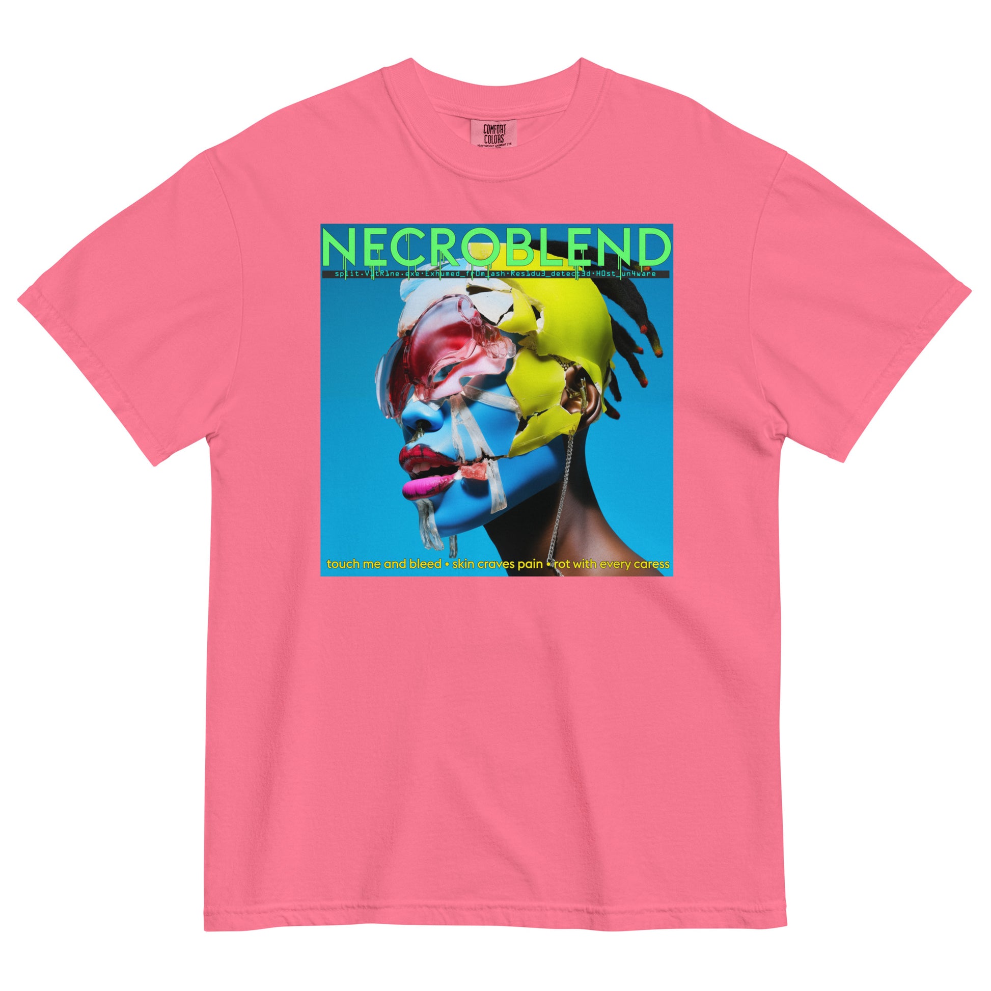 Heavyweight unisex angelic malware shirt by NECROBLEND — split.vt1R1ne.exe from Fallen Angels, front view in pink.