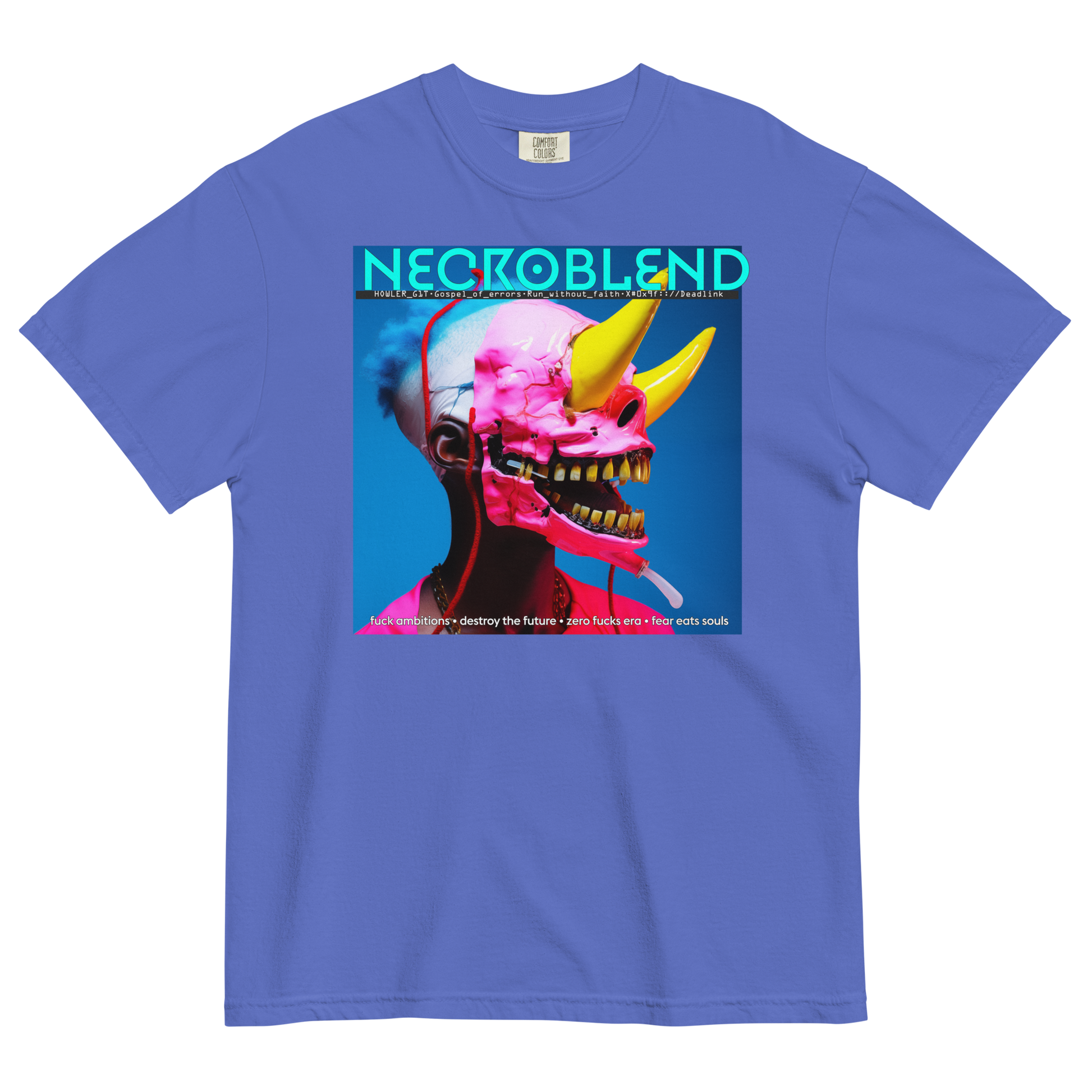 Heavyweight unisex auditory halo tee by NECROBLEND — hoWL3r_b1t from Fallen Angels, front view in blue.