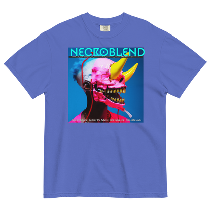 Heavyweight unisex auditory halo tee by NECROBLEND — hoWL3r_b1t from Fallen Angels, front view in blue.
