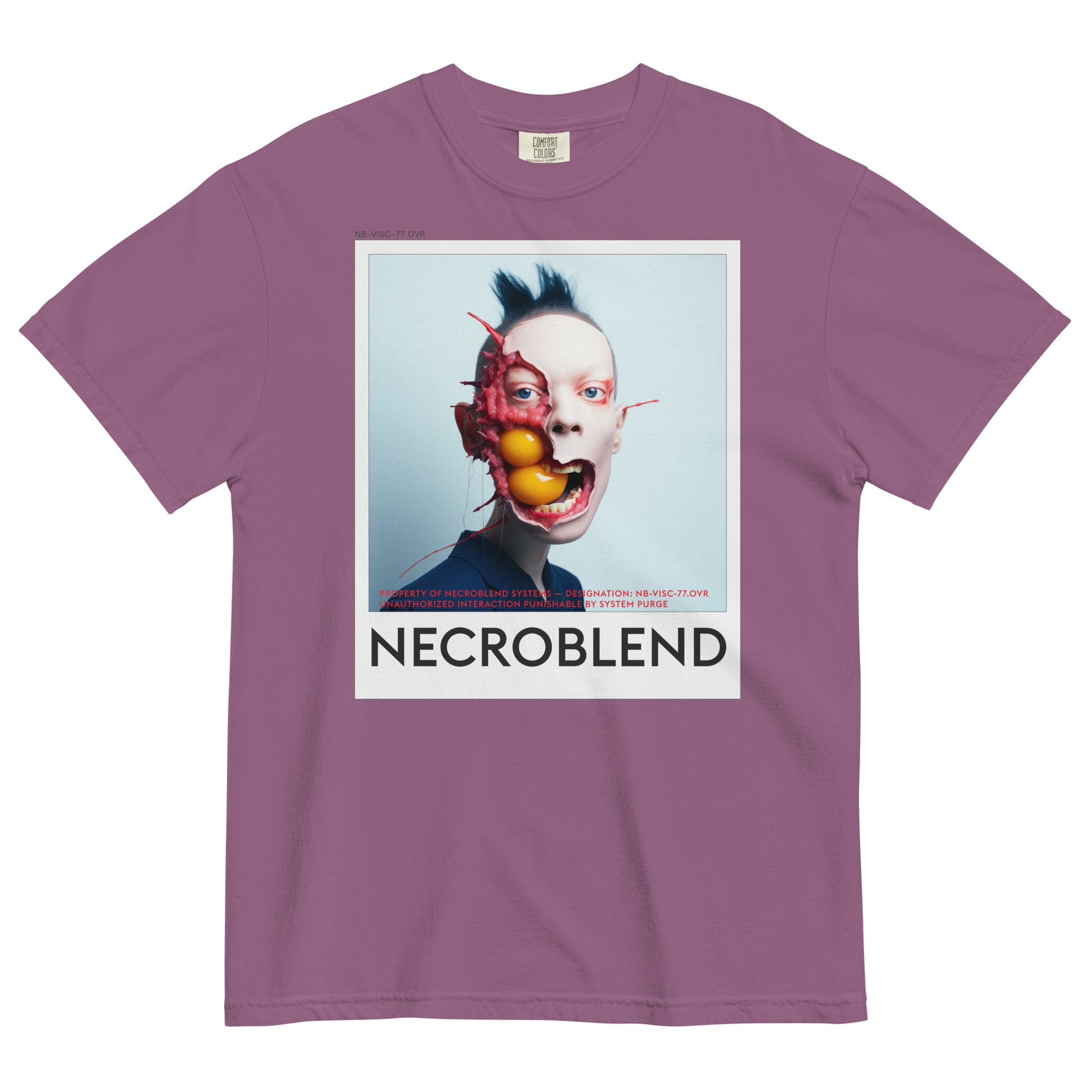 Heavyweight unisex biohacked prophet tee by NECROBLEND — NB-VISC-77.OVR from Bio Prayers, front view in purple.