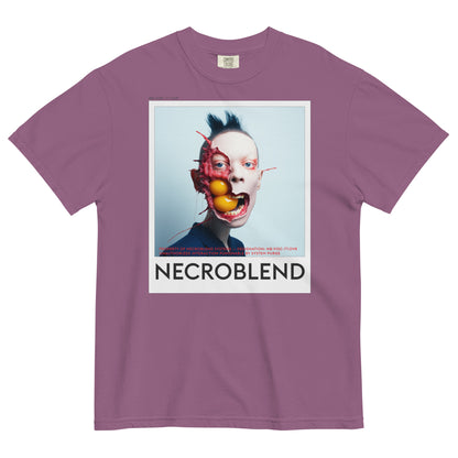 Heavyweight unisex biohacked prophet tee by NECROBLEND — NB-VISC-77.OVR from Bio Prayers, front view in purple.