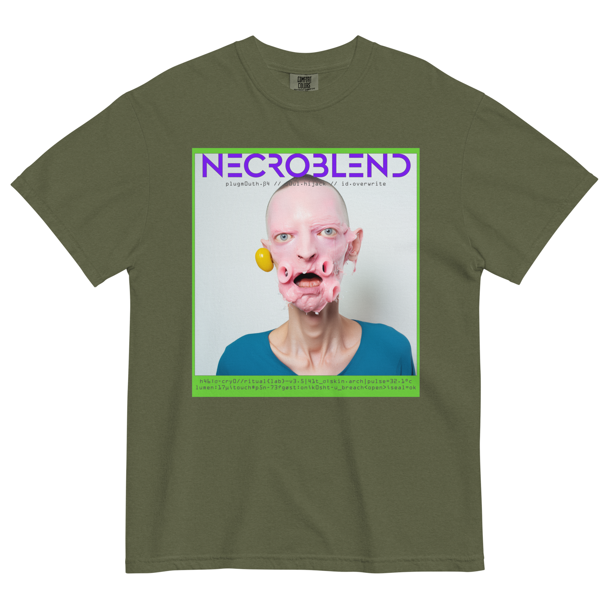 Brain-drain horror tee by NECROBLEND — PLUGMOUTH from Synthetic Prophets, front view in olive.