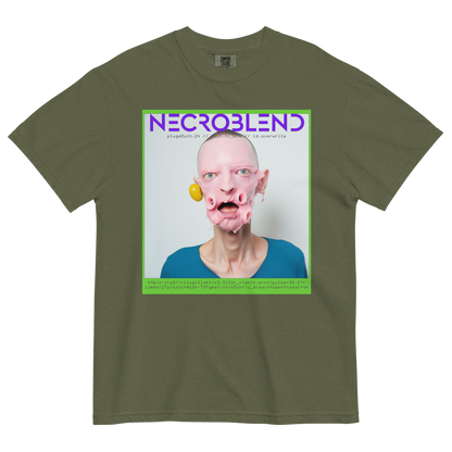 Brain-drain horror tee by NECROBLEND — PLUGMOUTH from Synthetic Prophets, front view in olive.