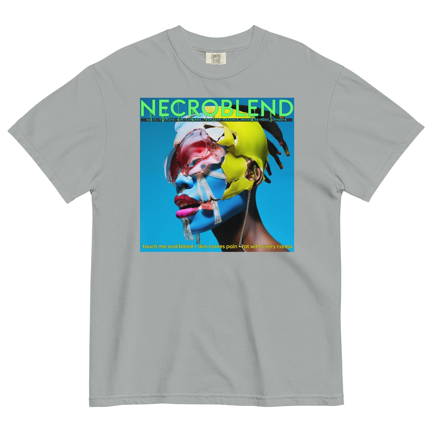Heavyweight unisex corrupted reflection tee by NECROBLEND — split.vt1R1ne.exe from Fallen Angels, front view in gray.