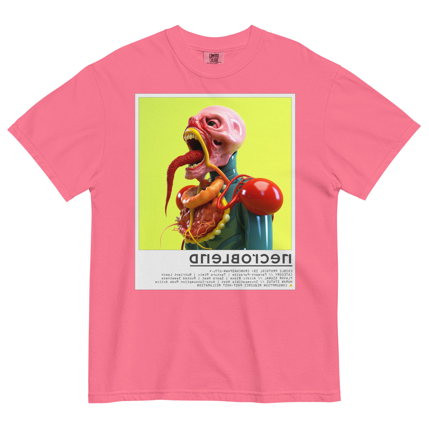 Creepy artwear T-shirt by NECROBLEND — CRUNCHASPAWN from Kitchen Mutants, flatlay in pink.