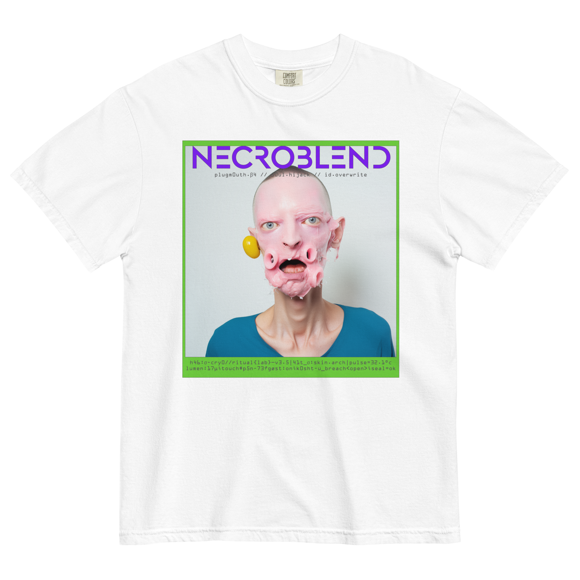 Creepy faceprint shirt by NECROBLEND — PLUGMOUTH from Synthetic Prophets, front view in white.