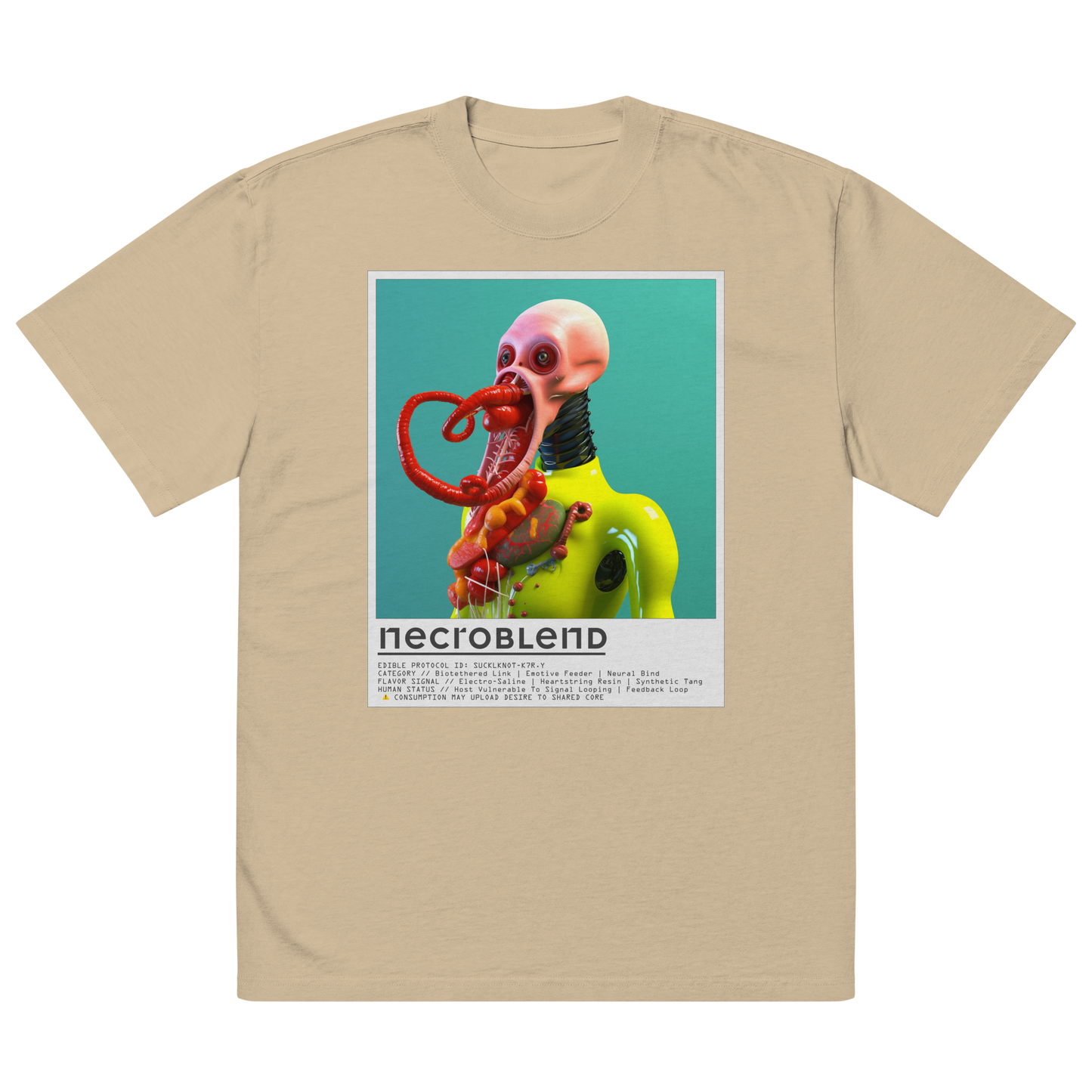 Cultwear oversized tee by NECROBLEND — SUCKLKNOT from Kitchen Mutants, front view in sand color