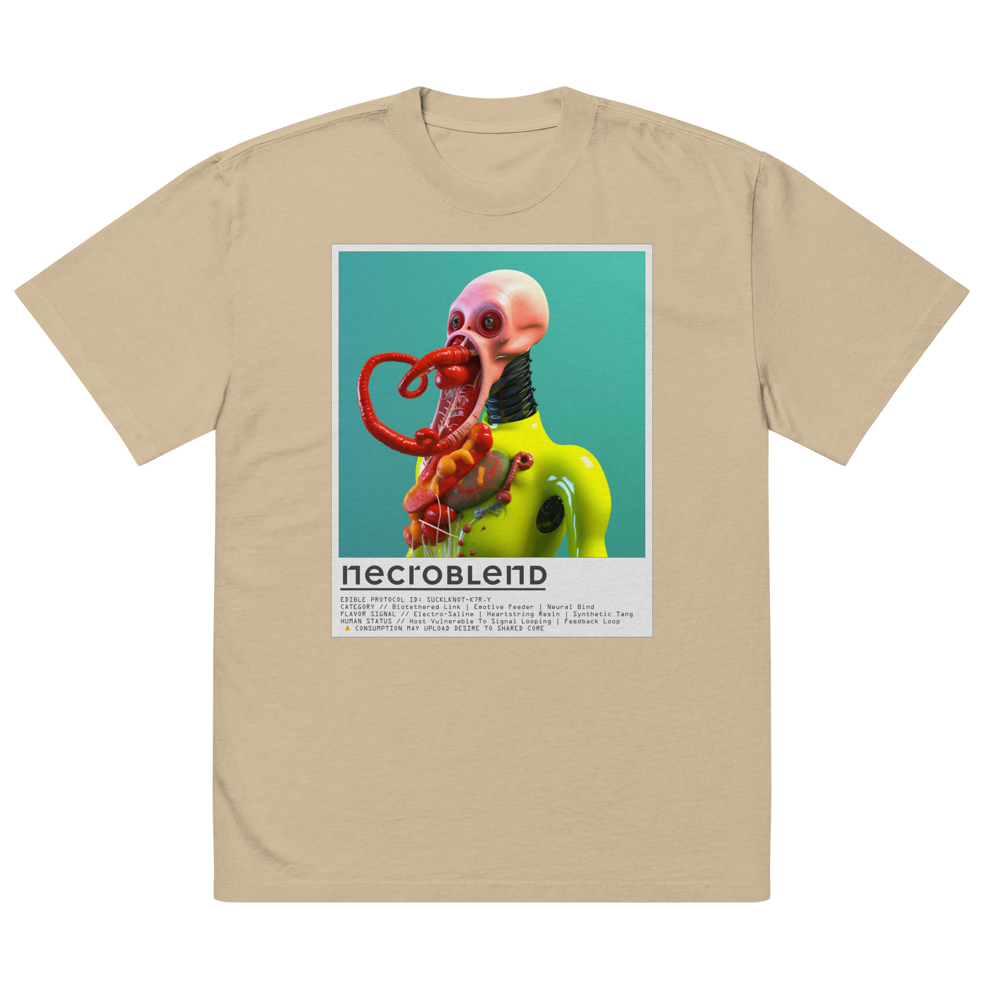 Cultwear oversized tee by NECROBLEND — SUCKLKNOT from Kitchen Mutants, front view in sand color