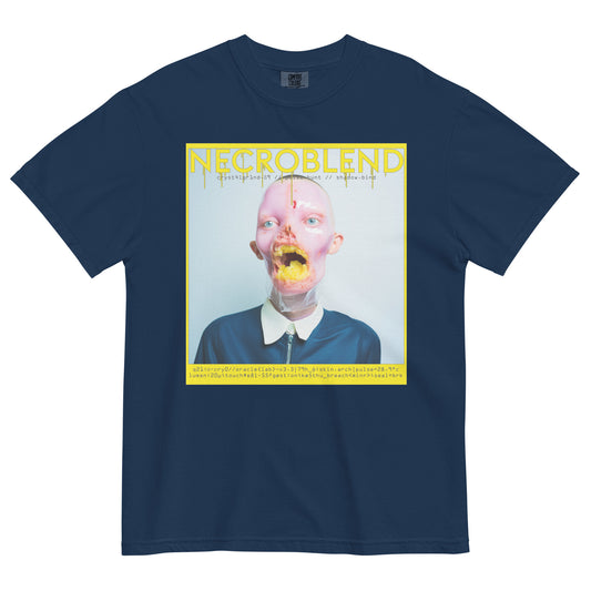 Unisex currency horror tee by NECROBLEND — CRYST4LGR1ND from Synthetic Prophets, front view in navy.