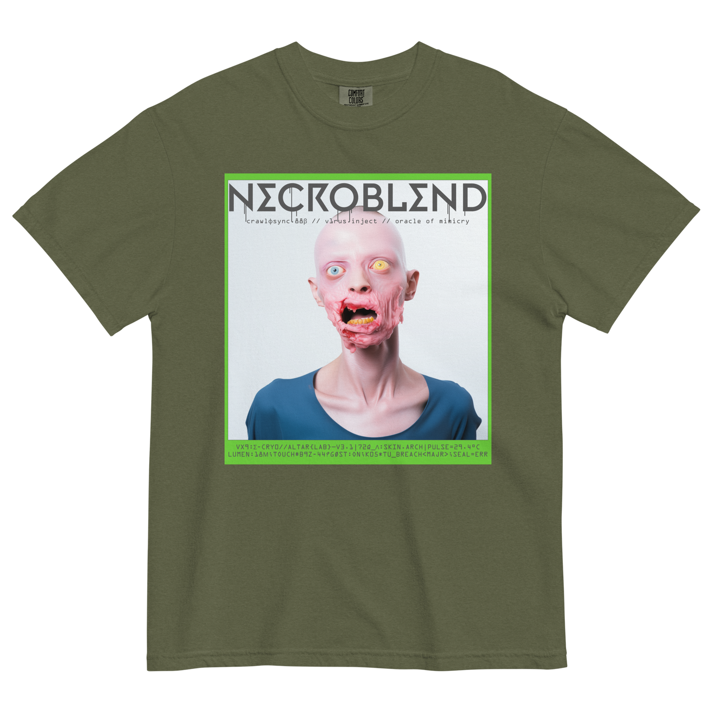 Cyber relic shirt by NECROBLEND — CRAWLΦSYNC from Synthetic Prophets, front view in olive.