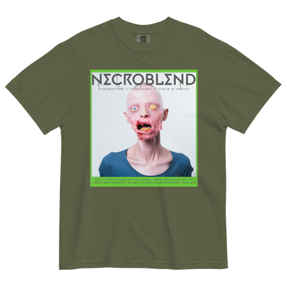 Cyber relic shirt by NECROBLEND — CRAWLΦSYNC from Synthetic Prophets, front view in olive.