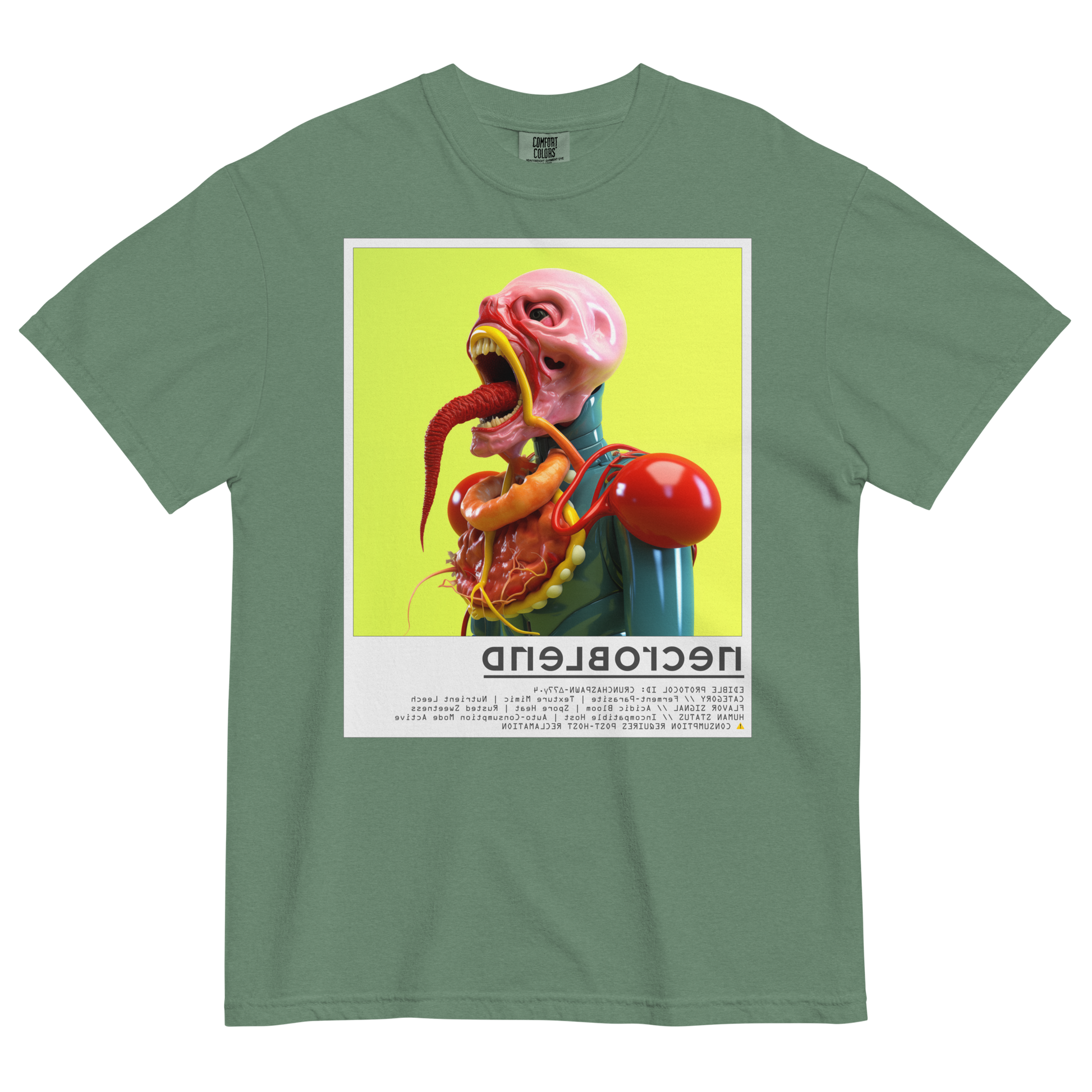 Cyberpunk horror shirt by NECROBLEND — CRUNCHASPAWN from Kitchen Mutants, side view in green