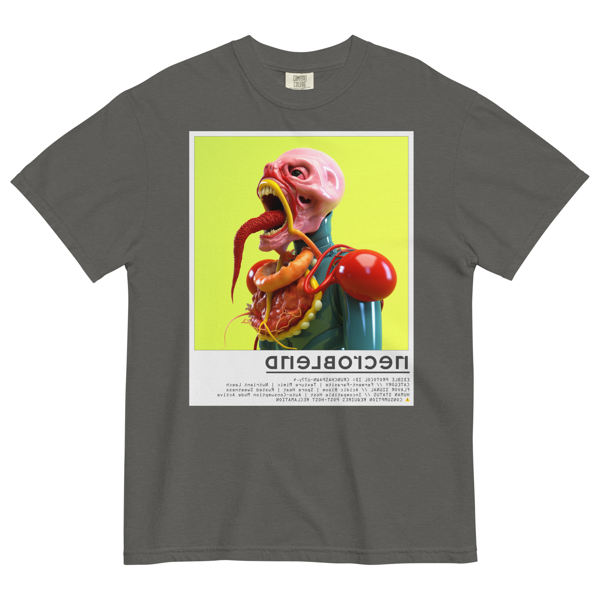 Dark aesthetic tee by NECROBLEND — CRUNCHASPAWN from Kitchen Mutants, front view in graphite