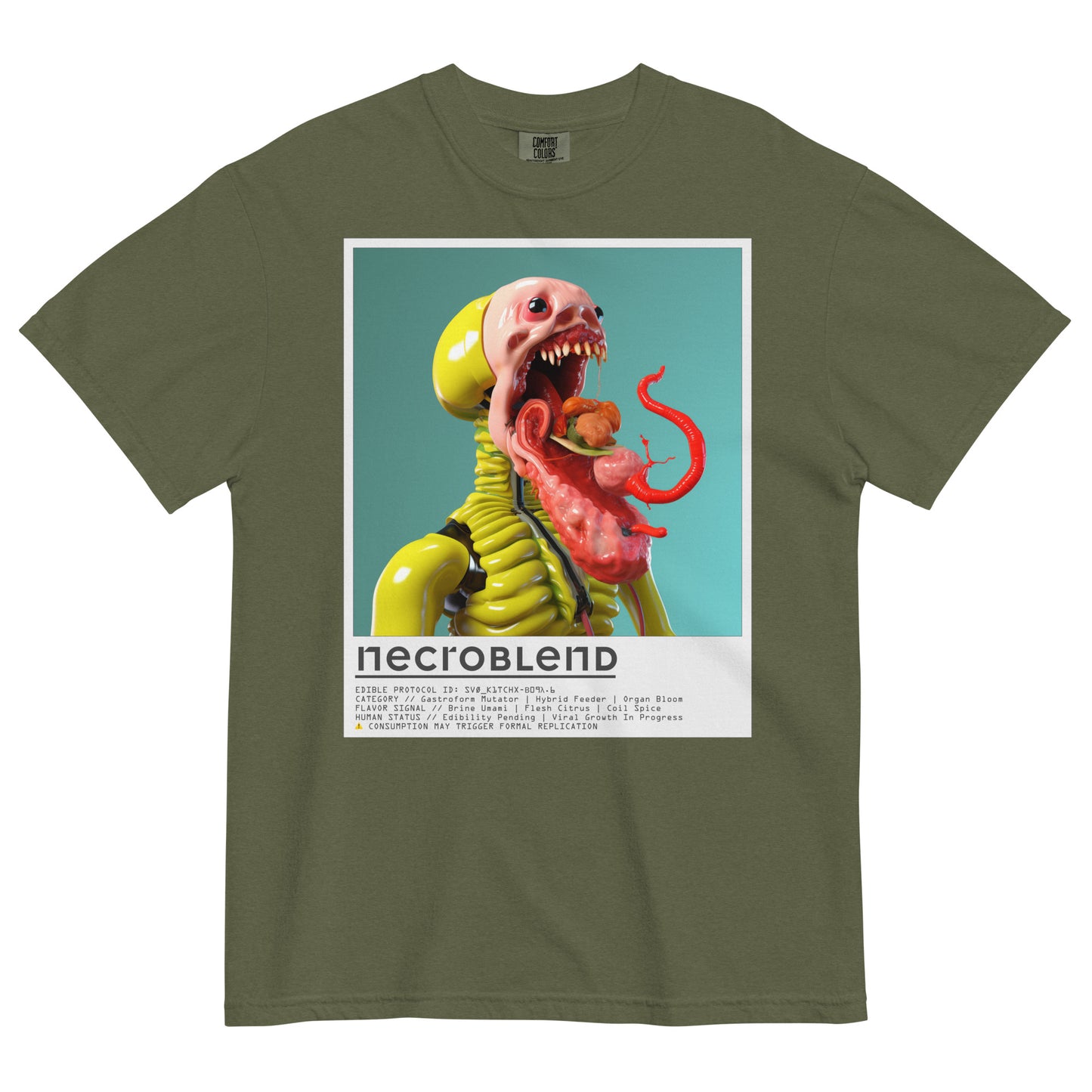 Dark artwear shirt by NECROBLEND — SVØ_K1TCHX from Kitchen Mutants, front view in green