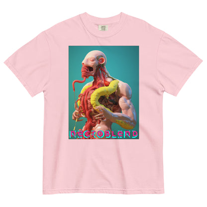 Heavyweight unisex digestive cult shirt by NECROBLEND — VIRETH CARNOMORPHAGH from The Culinary Sacrament, front view in pink.