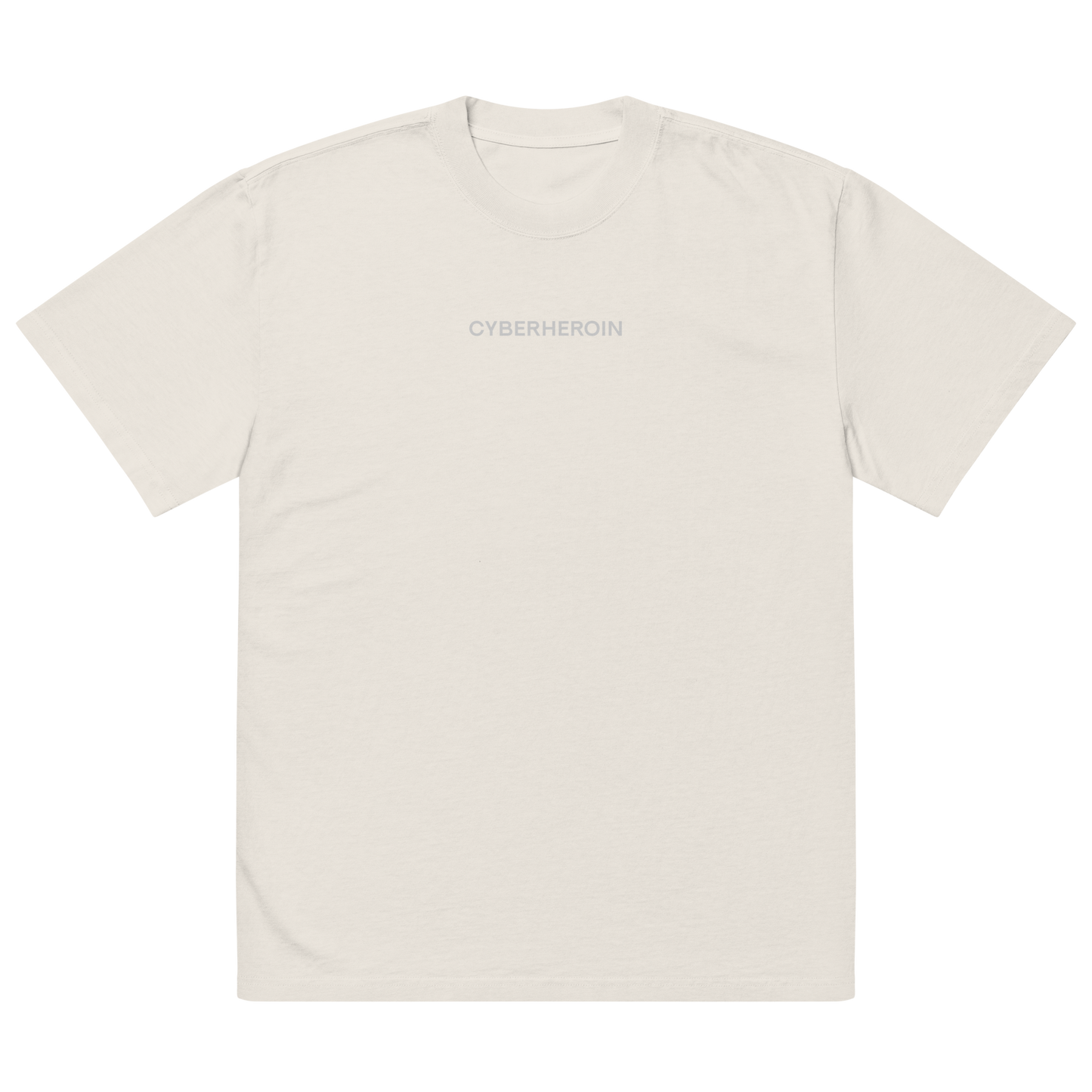 Oversized unisex T-shirt by NECROBLEND — formula-x model from The Unspoken capsule, front view in faded bone. Displays a censored phrase from speculative apparel archive.