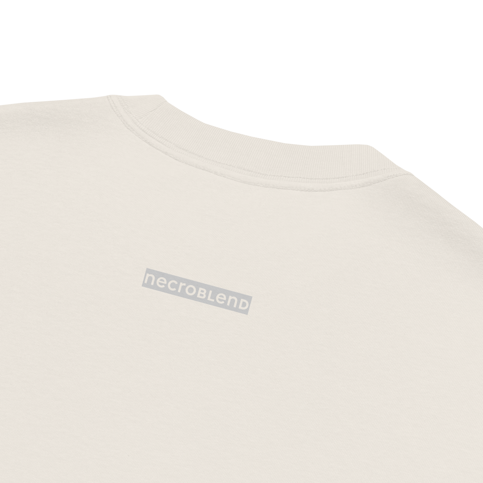 Back detail of NECROBLEND’s oversized unisex T-shirt — formula-x in faded bone. Features external NECROBLEND label as part of speculative apparel design.