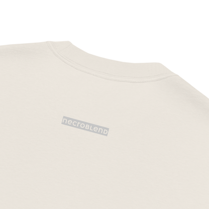 Back detail of NECROBLEND’s oversized unisex T-shirt — formula-x in faded bone. Features external NECROBLEND label as part of speculative apparel design.