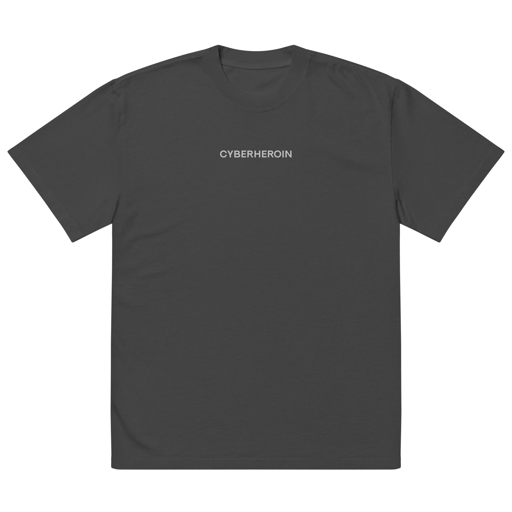 Oversized unisex T-shirt by NECROBLEND — formula-x model from The Unspoken capsule, front view in graphite. Displays a censored phrase linked to digital dependency.