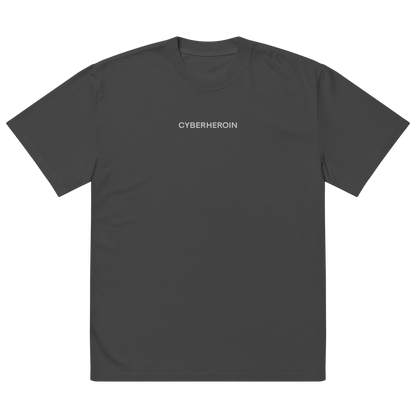 Oversized unisex T-shirt by NECROBLEND — formula-x model from The Unspoken capsule, front view in graphite. Displays a censored phrase linked to digital dependency.