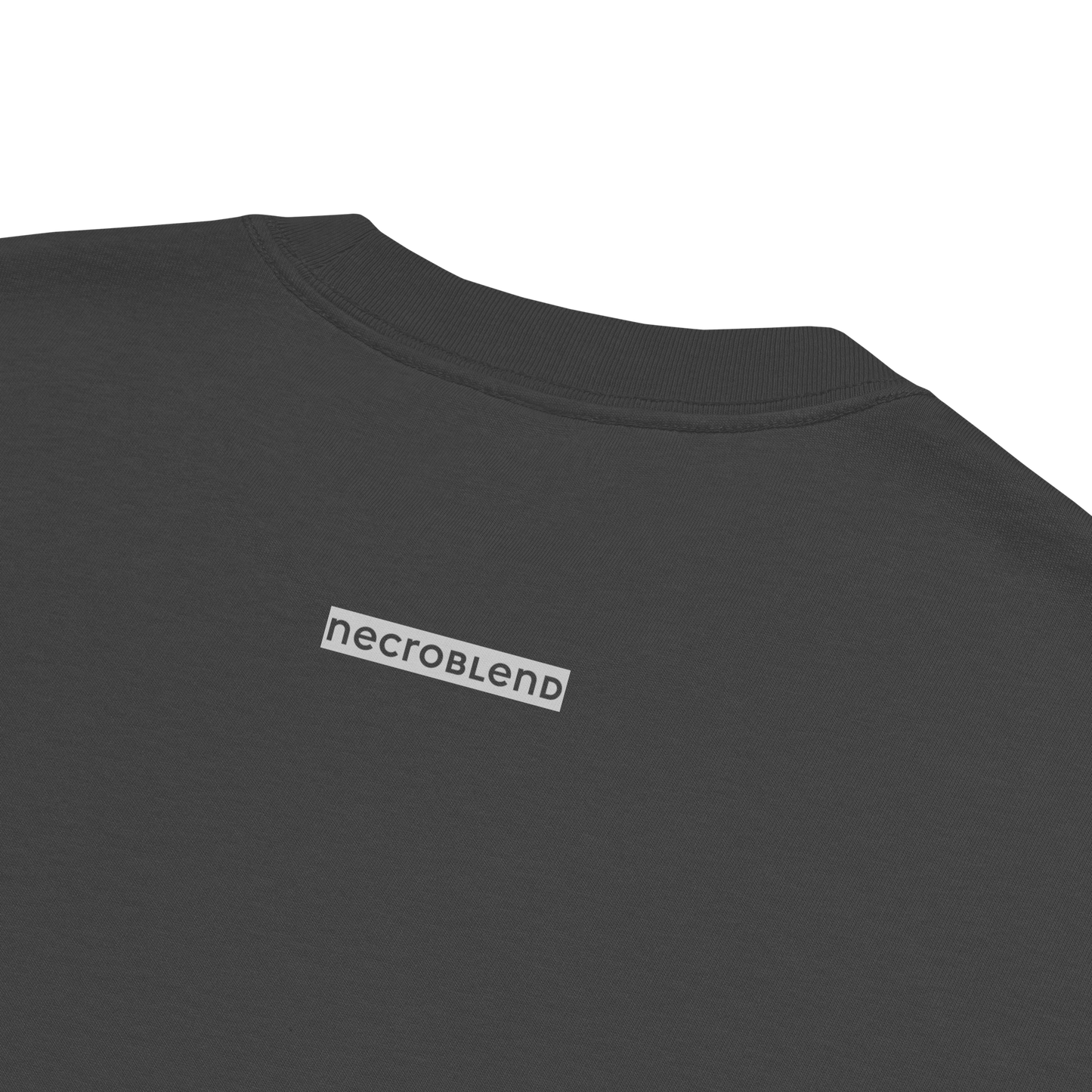Back detail of NECROBLEND’s oversized unisex T-shirt — formula-x in graphite. Outside label features the brand name placed under the neckline.