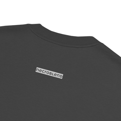 Back detail of NECROBLEND’s oversized unisex T-shirt — formula-x in graphite. Outside label features the brand name placed under the neckline.