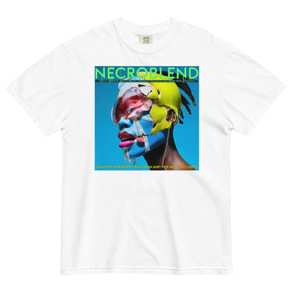 Heavyweight unisex digital halo shirt by NECROBLEND — split.vt1R1ne.exe from Fallen Angels, front view in white.