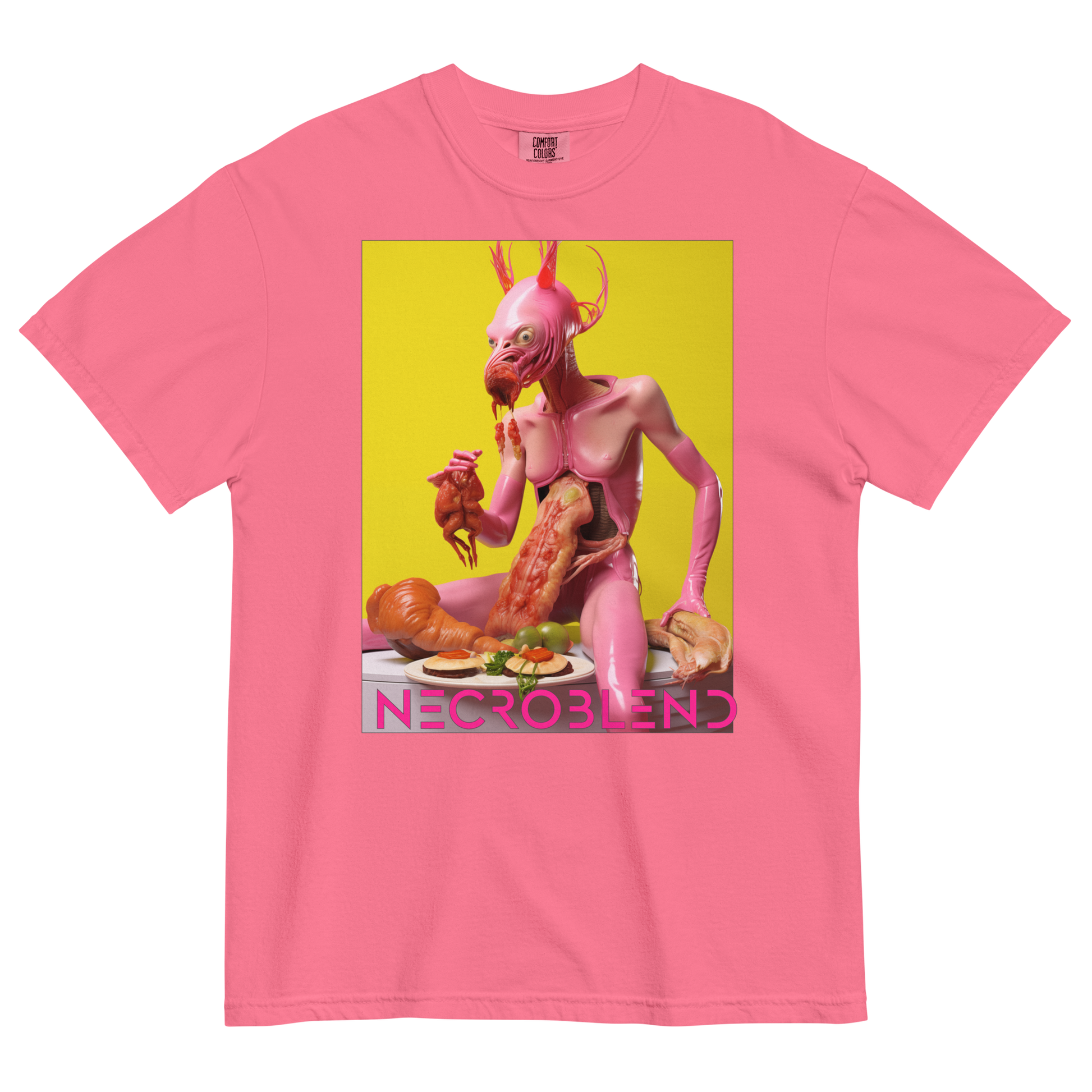 Heavyweight unisex edible horror tee by NECROBLEND — LOVULVORE BELPHAGH from The Culinary Sacrament, front view in pink.