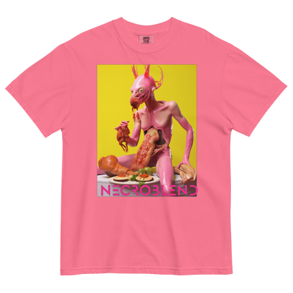 Heavyweight unisex edible horror tee by NECROBLEND — LOVULVORE BELPHAGH from The Culinary Sacrament, front view in pink.