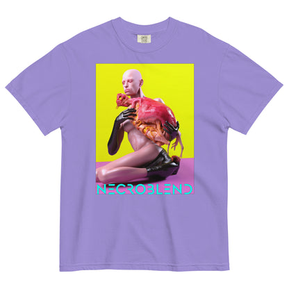 Heavyweight unisex edible ritual shirt by NECROBLEND — OXELT CRURROPHAGH from The Culinary Sacrament, front view in purple.